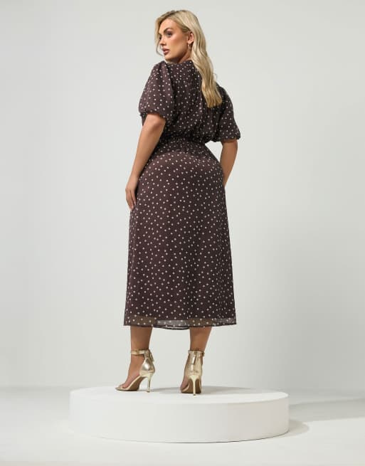 Yours Clothing Polka dot puff sleeve dress in brown, 3 of 4