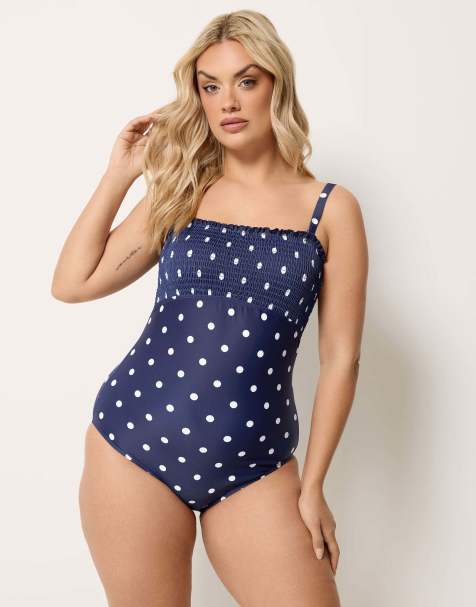 Yours Clothing Polka dot shirred swimsuit in blue - view 1