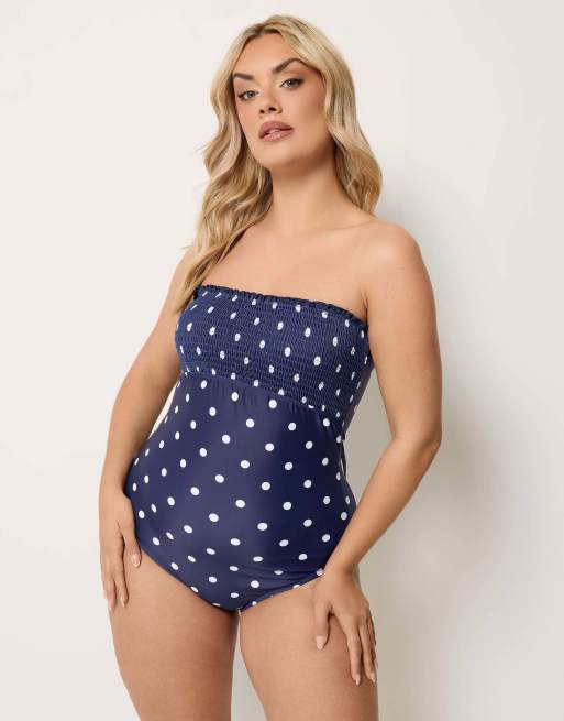 Yours Clothing Polka dot shirred swimsuit in blue, 2 of 4
