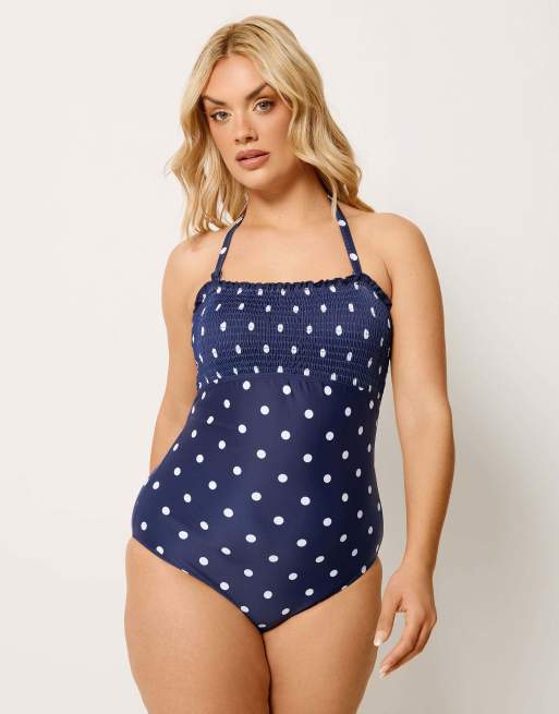 Yours Clothing Polka dot shirred swimsuit in blue, 3 of 4