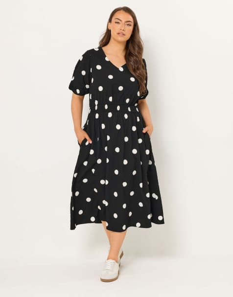 Yours Clothing Polka dot smock dress in black