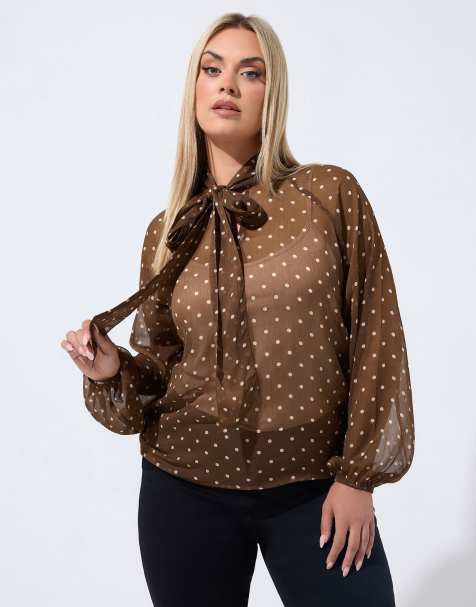 Yours Clothing Polka dot tie chiffon blouse in brown - view 1