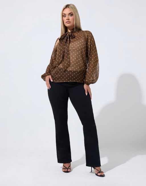 Yours Clothing Polka dot tie chiffon blouse in brown, 2 of 4