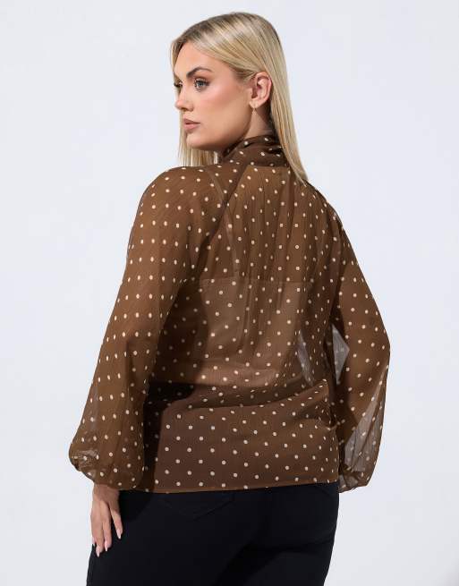 Yours Clothing Polka dot tie chiffon blouse in brown, 3 of 4