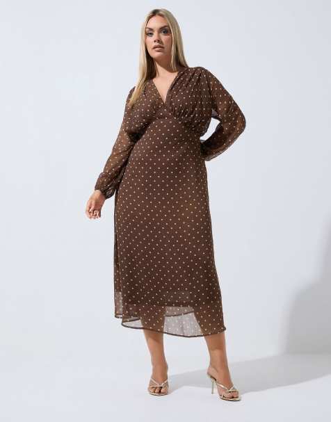 Yours Clothing Polka dot tie chiffon midi dress in brown - view 1