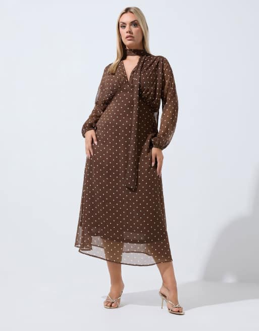 Yours Clothing Polka dot tie chiffon midi dress in brown, 2 of 4