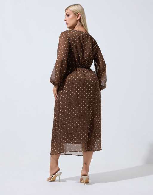 Yours Clothing Polka dot tie chiffon midi dress in brown, 3 of 4