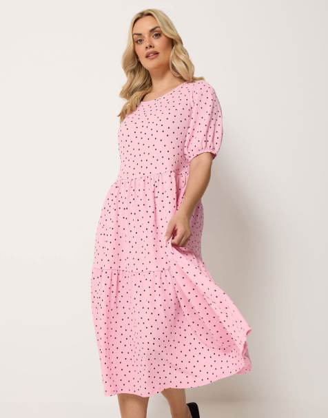 Yours Clothing Polka dot tiered dress in pink - view 1
