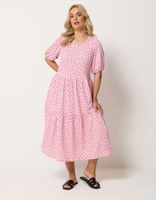 Yours Clothing Polka dot tiered dress in pink, 2 of 4