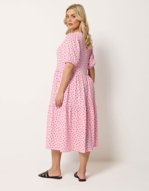Yours Clothing Polka dot tiered dress in pink, 3 of 4