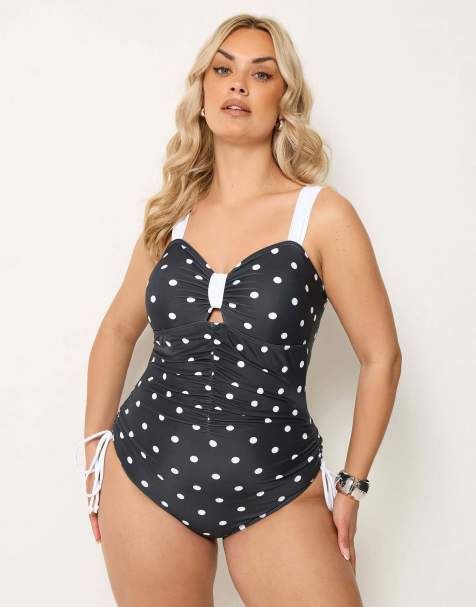 Yours Clothing Polka dot tummy support swimsuit in black - view 1
