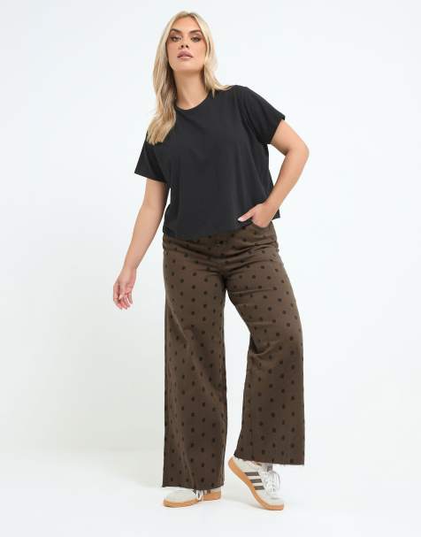 Yours Clothing Polka dot wide leg jeans in brown - view 1