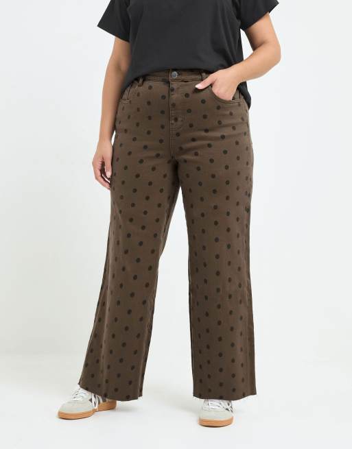 Yours Clothing Polka dot wide leg jeans in brown, 2 of 4