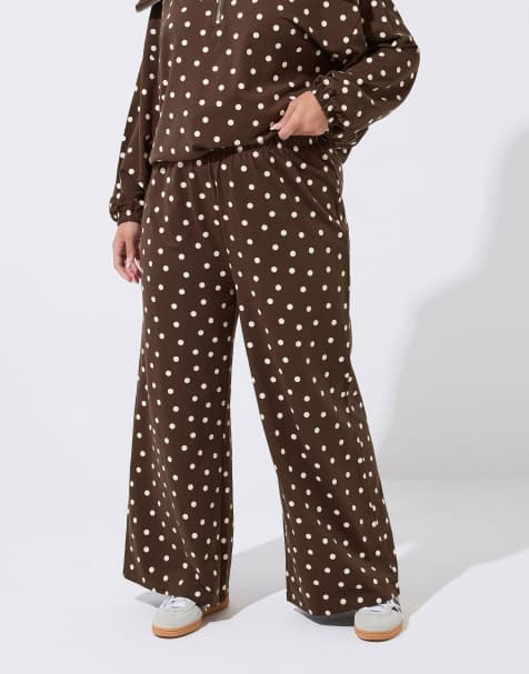 Yours Clothing Polka dot wide leg joggers in brown - view 1
