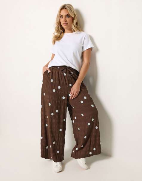 Yours Clothing Polka dot wide leg trousers in brown - view 1