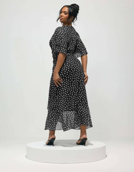 Yours Clothing Polka dot wrap dress in black, 3 of 4
