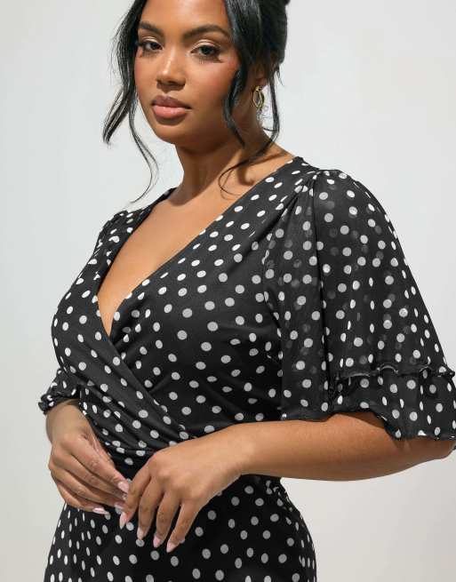 Yours Clothing Polka dot wrap dress in black, 4 of 4