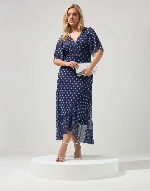 Yours Clothing Polka dot wrap dress in blue, 2 of 4