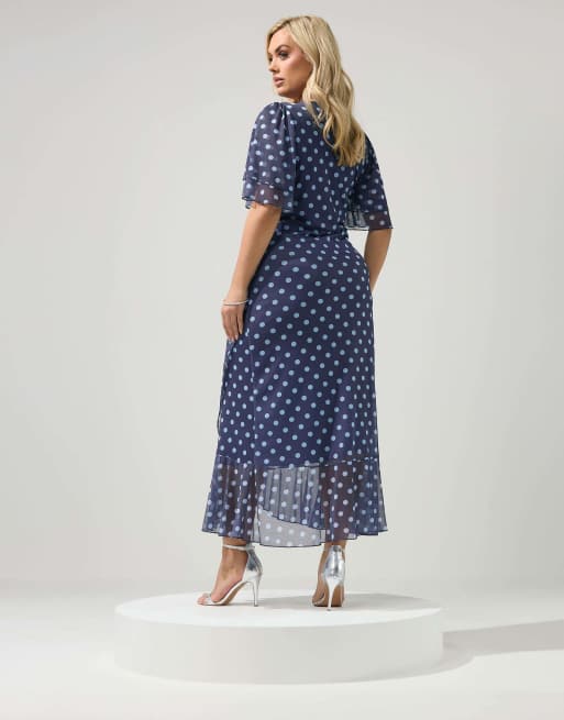 Yours Clothing Polka dot wrap dress in blue, 3 of 4