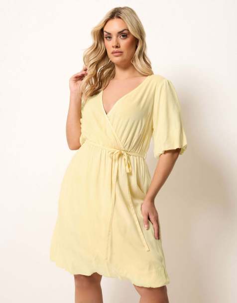 Yours Clothing Puffball wrap dress in yellow - view 1