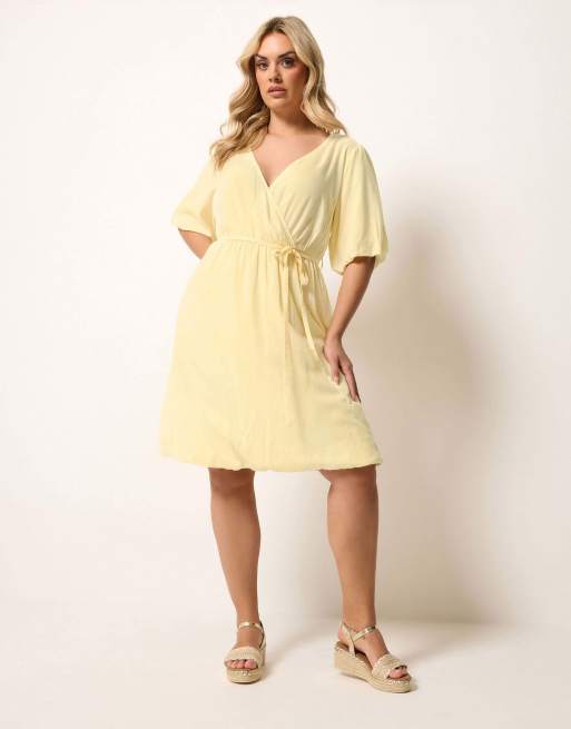 Yours Clothing Puffball wrap dress in yellow, 2 of 4