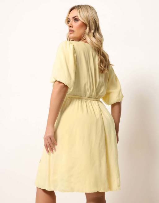 Yours Clothing Puffball wrap dress in yellow, 4 of 4