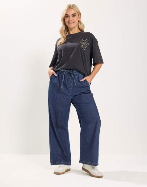 Yours Clothing Pull on wide leg jeans in blue - view 1