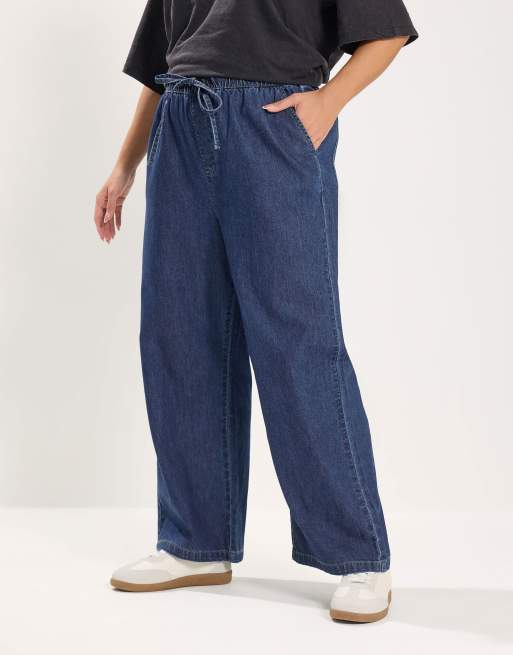 Yours Clothing Pull on wide leg jeans in blue, 3 of 4