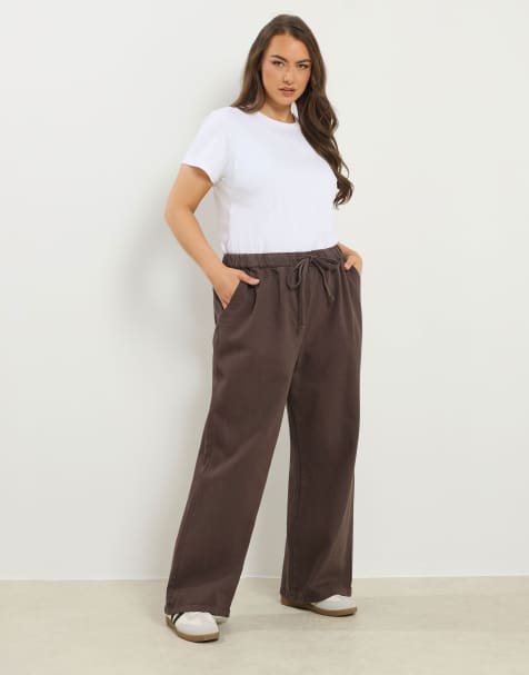 Yours Clothing Pull on wide leg jeans in brown - view 1