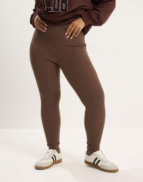 Yours Clothing Ribbed basic leggings in brown - view 1