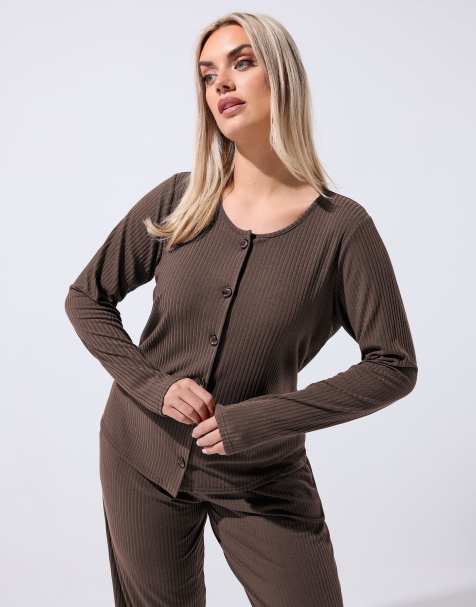 Yours Clothing Ribbed button through top in brown - view 1
