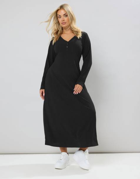 Yours Clothing Ribbed henley maxi dress in black