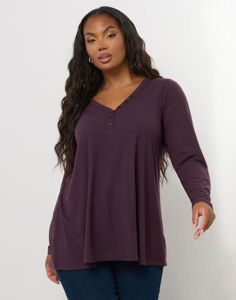 Yours Clothing Ribbed henley top in purple - view 1