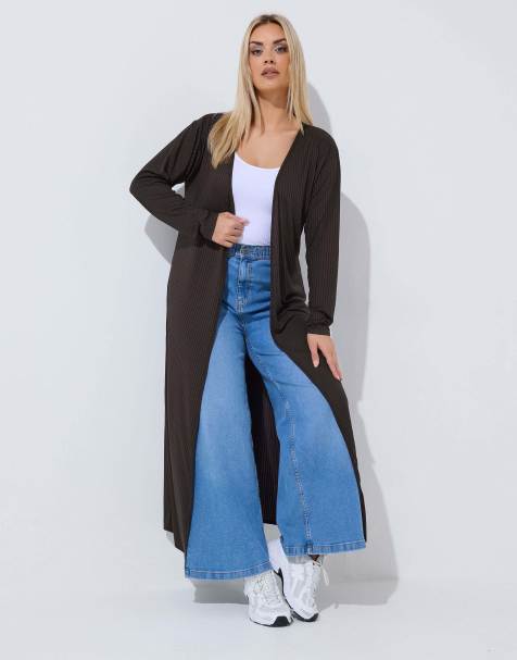 Yours Clothing Ribbed maxi cardigan in brown - view 1