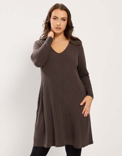 Yours Clothing Ribbed mini dress in brown