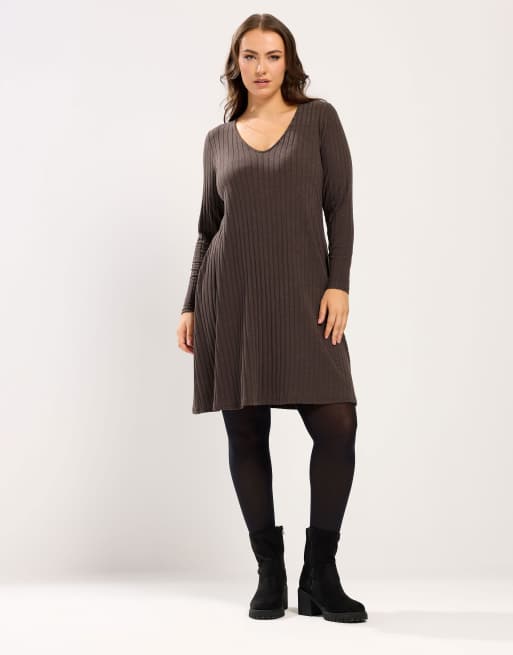 Yours Clothing Ribbed mini dress in brown | ASOS