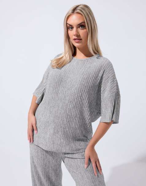 Yours Clothing Ribbed plisse top in grey - view 1