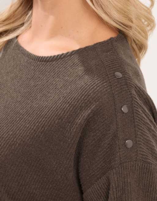 Yours Clothing Ribbed studded top in brown, 4 of 4
