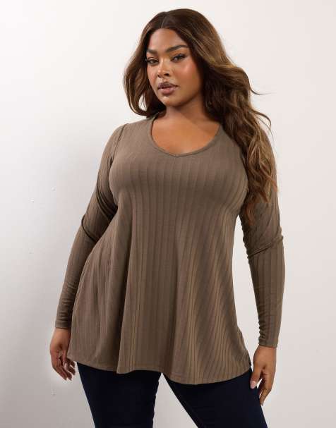 Yours Clothing Ribbed swing t-shirt in brown - view 1