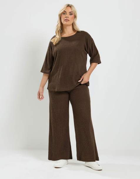 Yours Clothing Ribbed top & wide leg trousers in brown - view 1