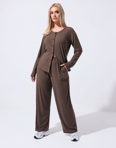 Yours Clothing Ribbed wide leg trousers in brown - view 1