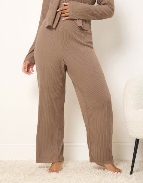 Yours Clothing Ribbed wide leg trousers in brown - view 1