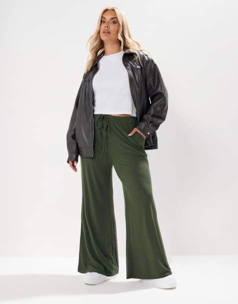 Yours Clothing Ribbed wide leg trousers in green