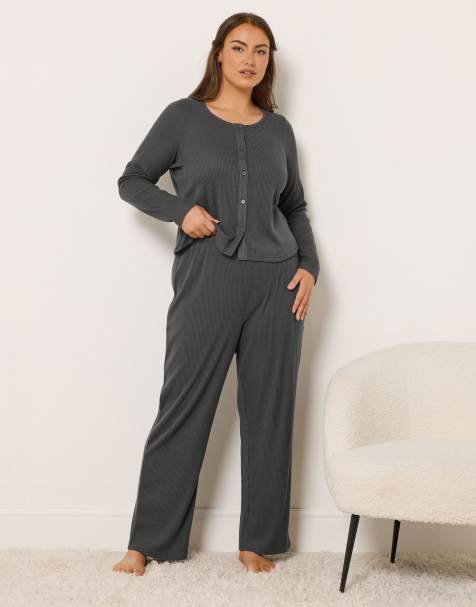Yours Clothing Ribbed wide leg trousers in grey - view 1