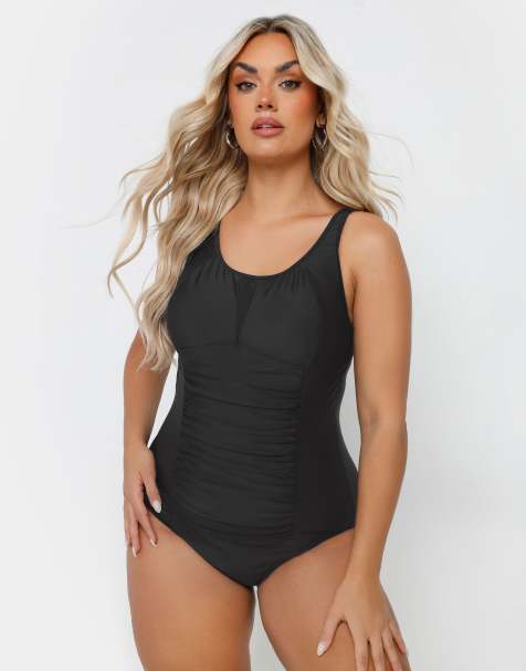 Yours Clothing Ruched mesh tummy control swimsuit in black - view 1