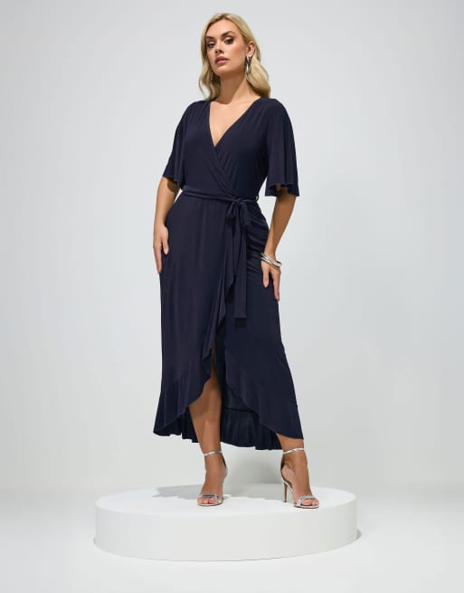 Yours Clothing Ruffle hem wrap dress in blue, 4 of 4