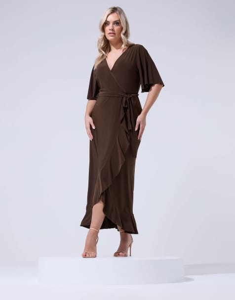 Yours Clothing Ruffle hem wrap dress in brown - view 1