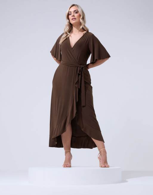 Yours Clothing Ruffle hem wrap dress in brown, 2 of 4