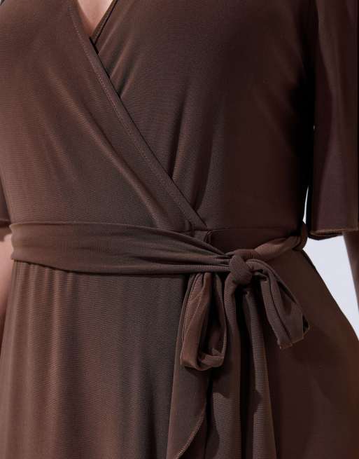 Yours Clothing Ruffle hem wrap dress in brown, 3 of 4