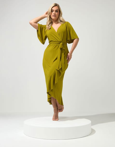 Yours Clothing Ruffle hem wrap dress in green - view 1